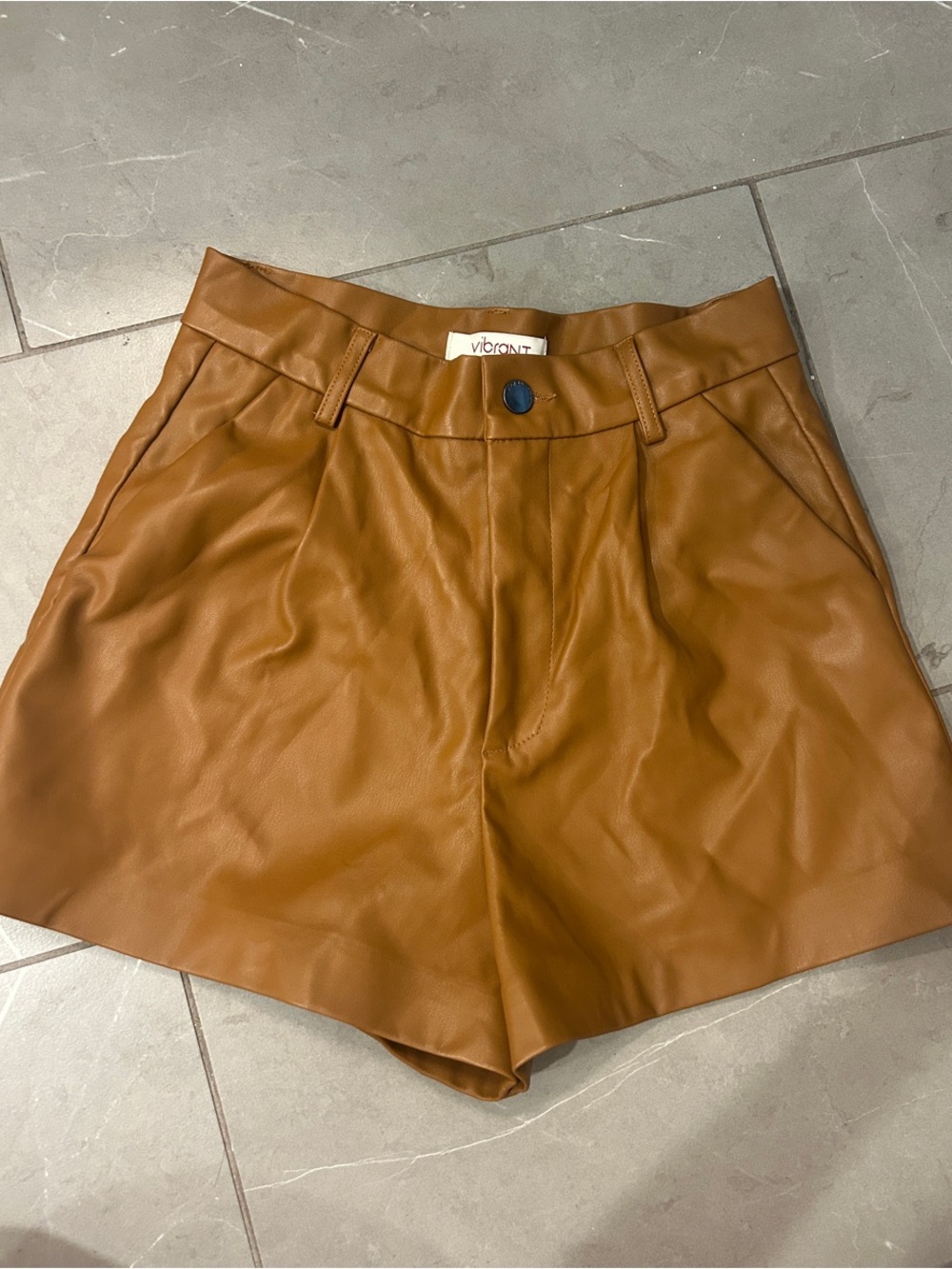 High-Waist Faux Leather Shorts in Tan